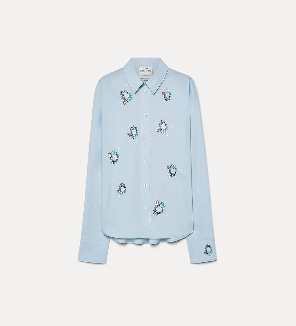 NEW FORTE FORTE women's poplin boxy shirt with “bouquet” embroidery celestial in